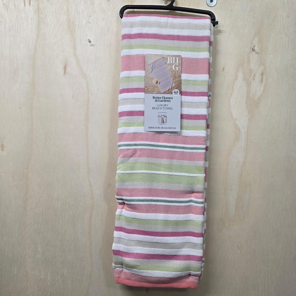 Better Homes & Gardens Luxury Beach Towel Pink Green St. Tropez Stripe 38x72 NEW